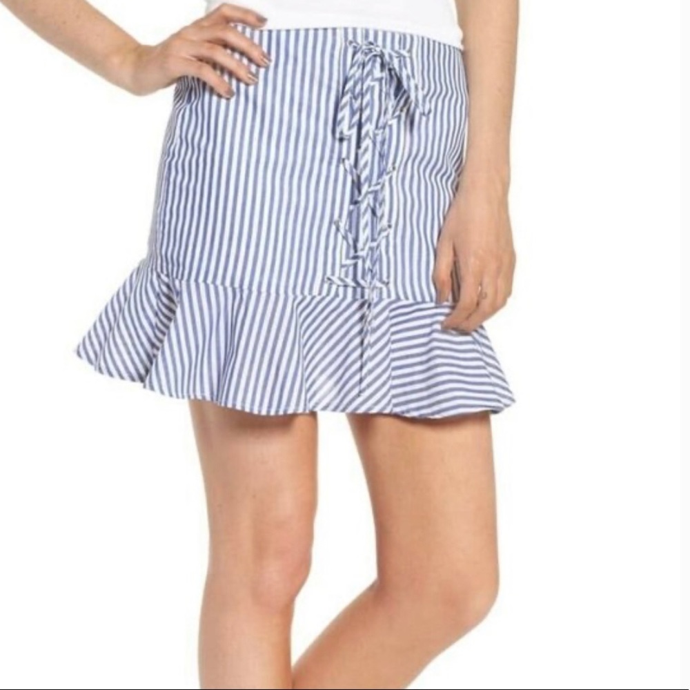 JOA striped tie up mini ruffle skirt